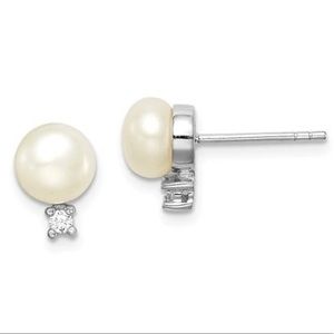 Sterling Silver White Freshwater Pearl CZ Earrings